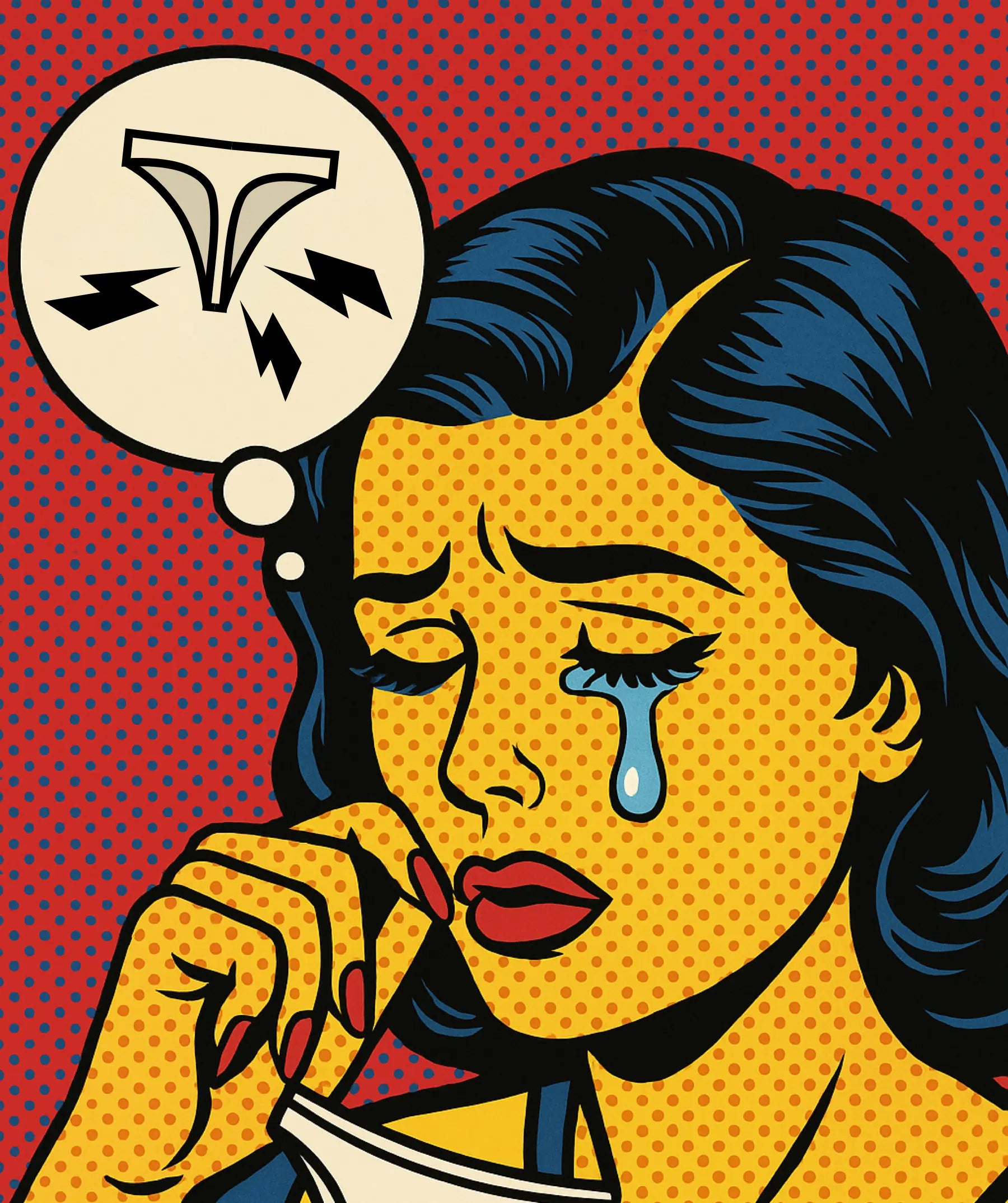 pop art lady crying when thinking about having to wear a thong
